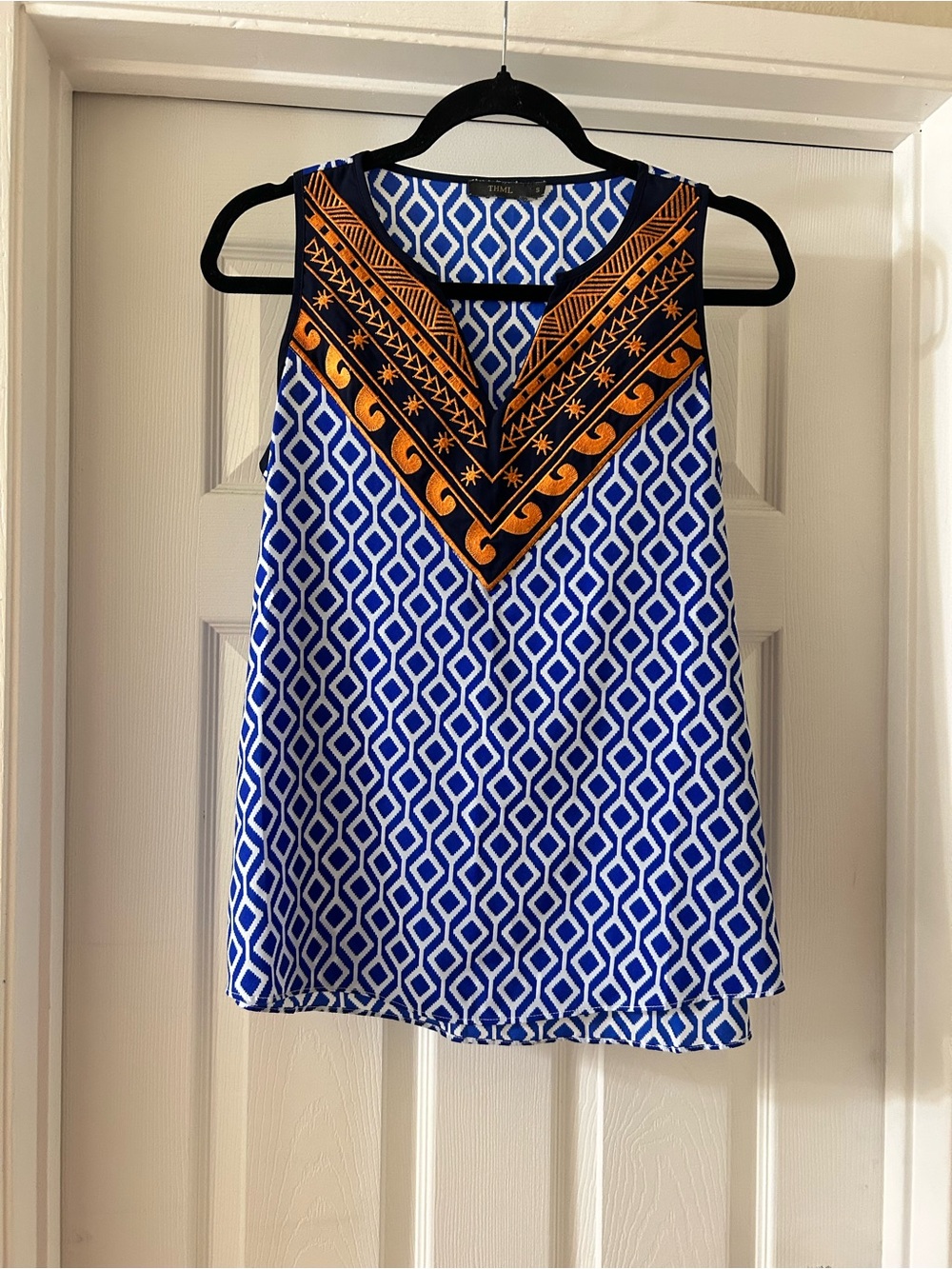 THML Blue Geometric Tank with Orange and Black Embroidered V-Neck